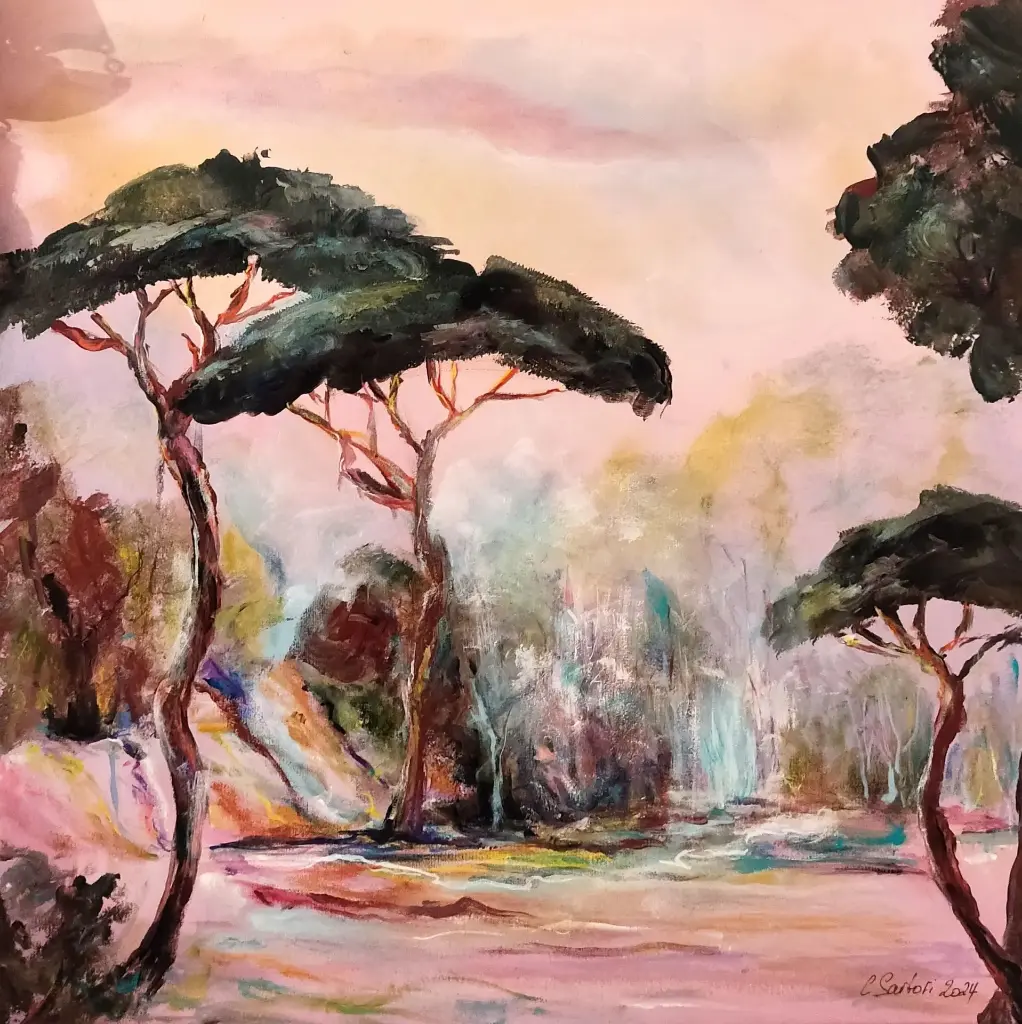 Les Pins, fond rosé - format carré