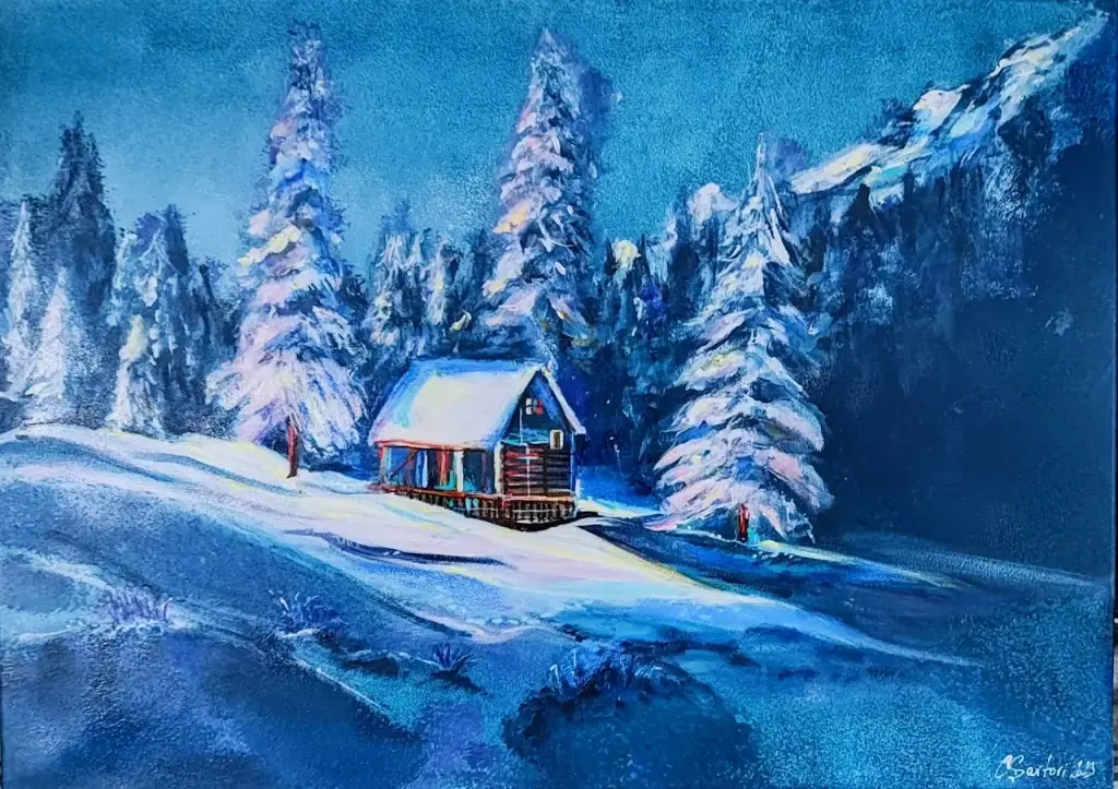 MONTAGNE - "Chalet - fond bleu"